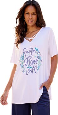 Roaman's Plus Size Lace Up V Neck Short Sleeve Print Tunic