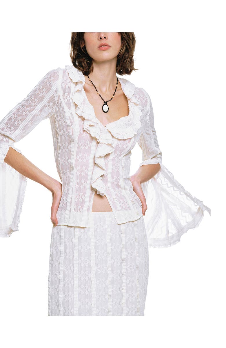 Anna Sui Floral Ruffle Stretch Lace Blouse, Alternate, color, Cream