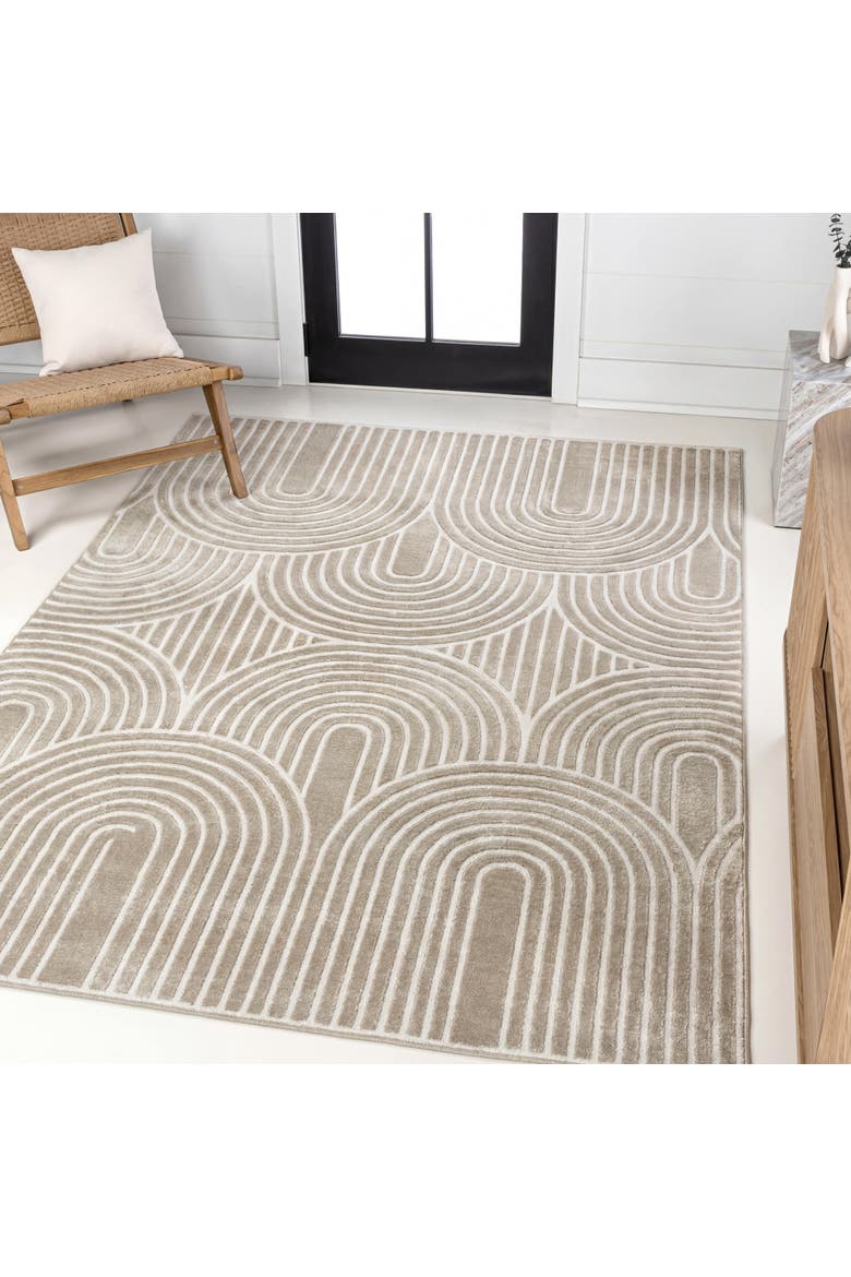 Ariana MidCentury Art Deco Striped Arches Two-Tone High-Low Area Rug, Alternate, color, Beige/Cream
