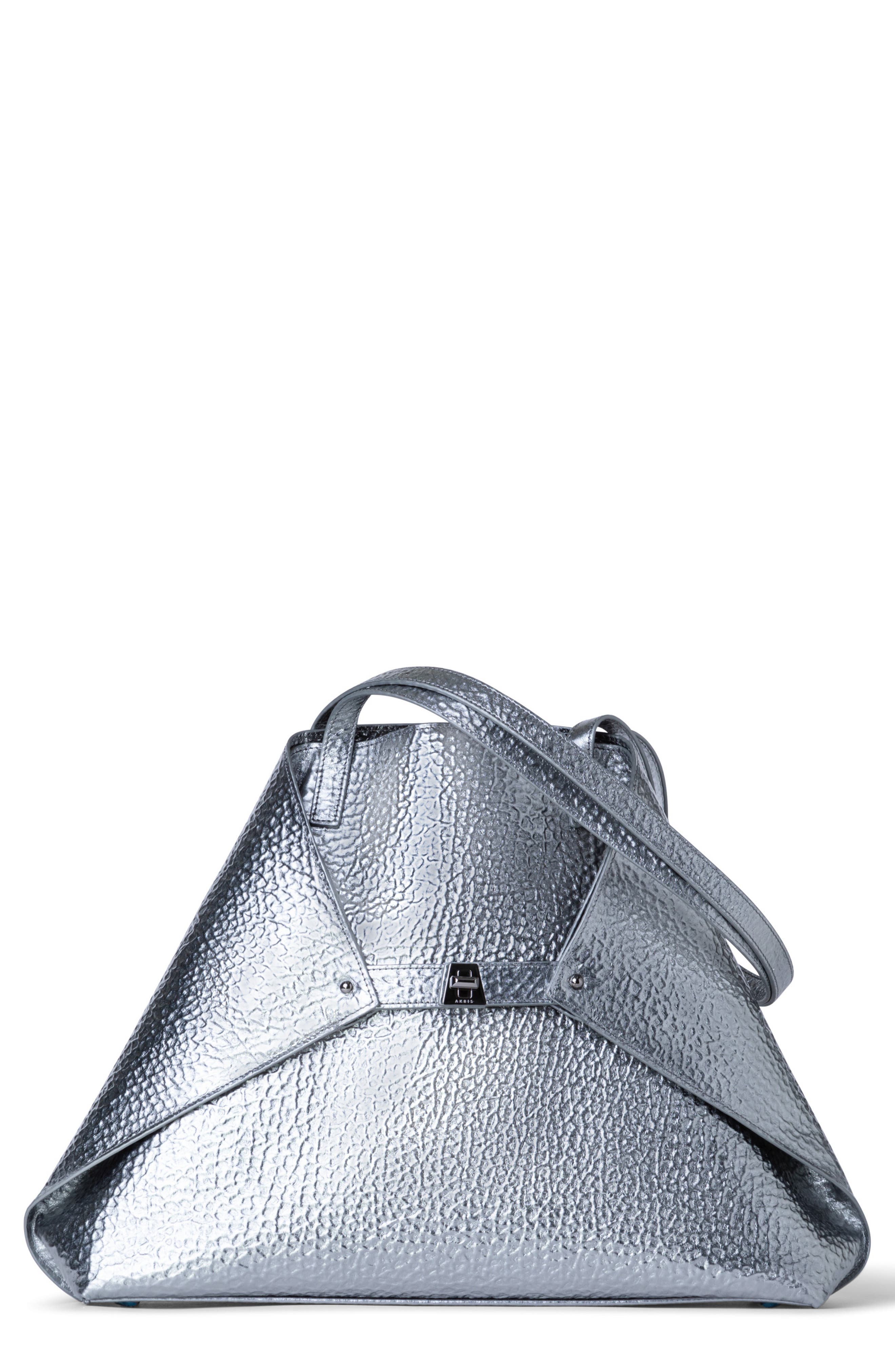 AI Medium Hammered Metallic Leather Tote Bag, Main, color, INOX
