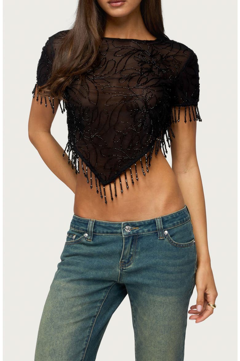 Yanna Beaded Fringe Poncho Crop Top, Main, color, BLACK