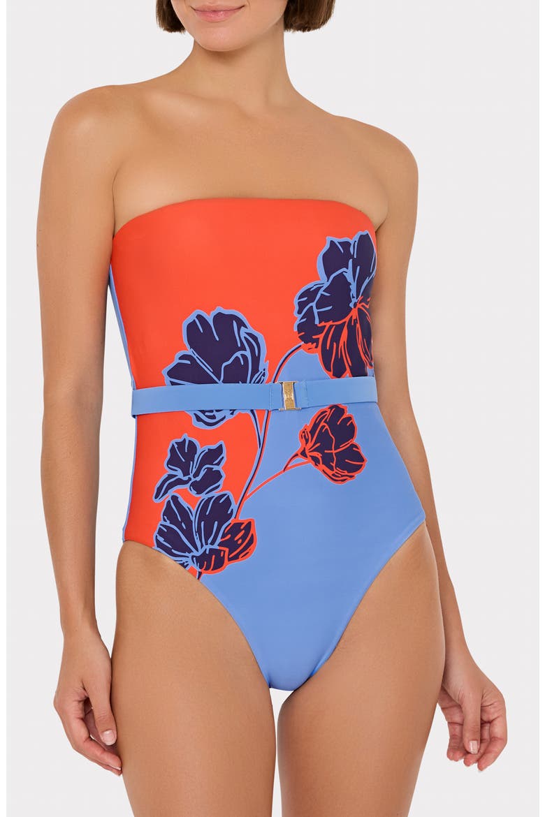 Skewed Petal Strapless One-Piece Swimsuit, Alternate, color, ORANGE/ BLUE