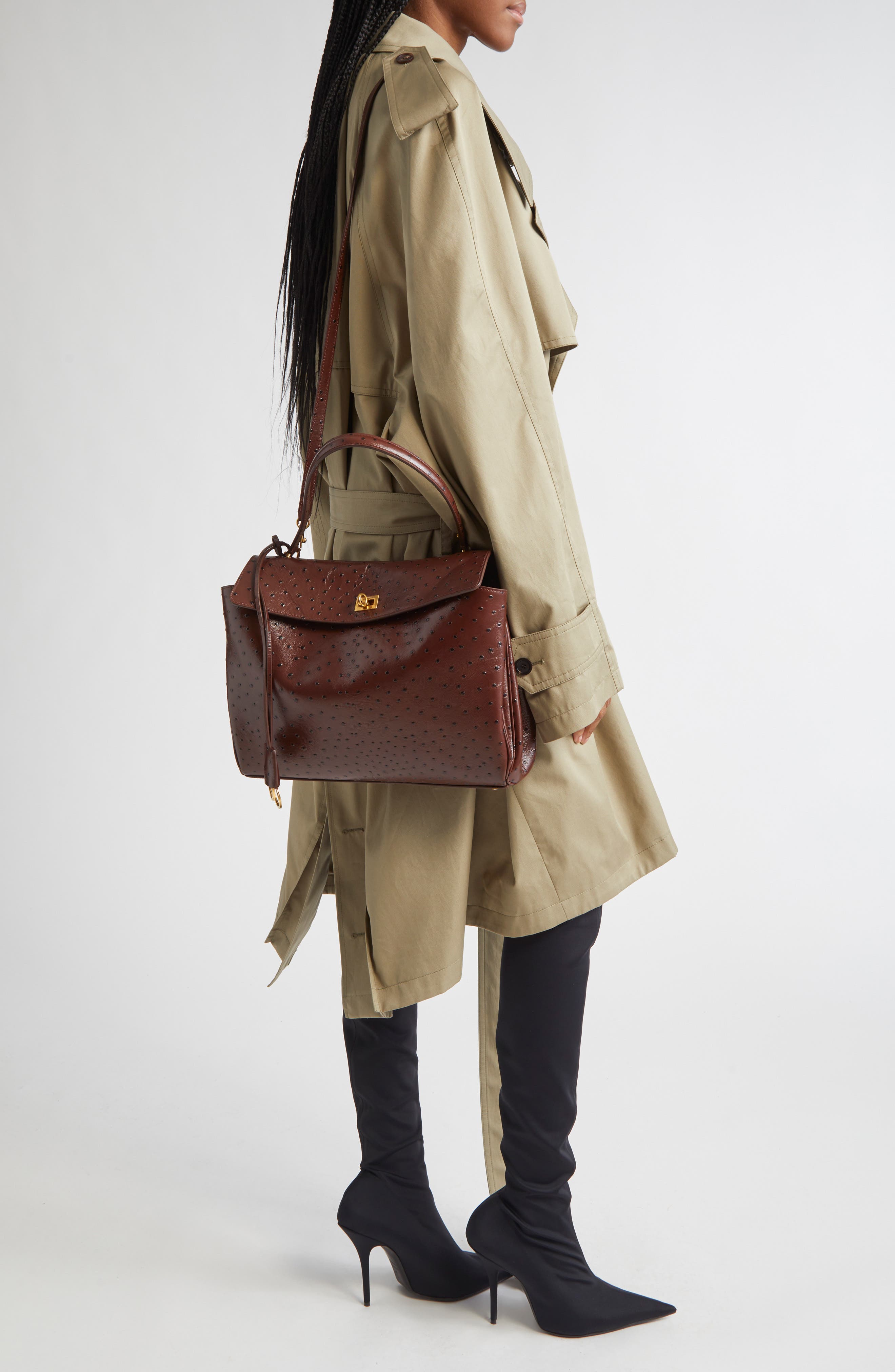 Balenciaga Rodeo Ostrich Embossed Leather Top Handle Bag, Alternate, color, 2053 Chocolate