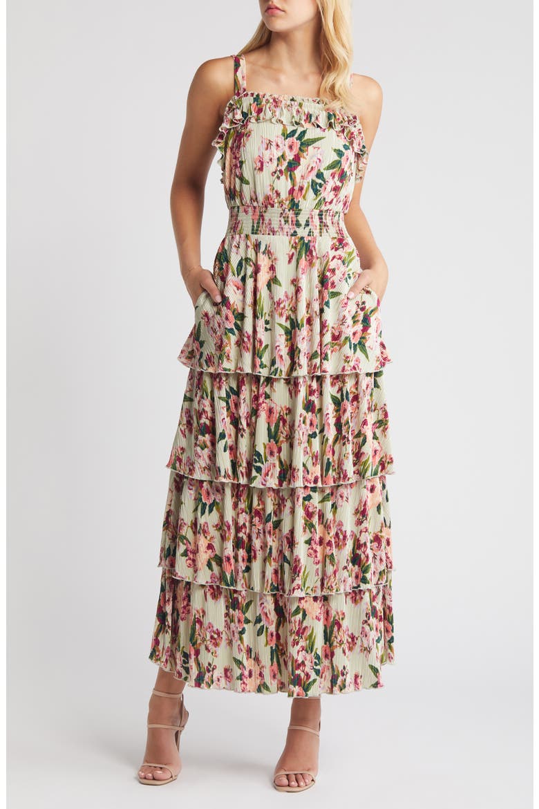 Plissé Tiered Maxi Dress, Main, color, GREEN- PINK BLOSSOMS
