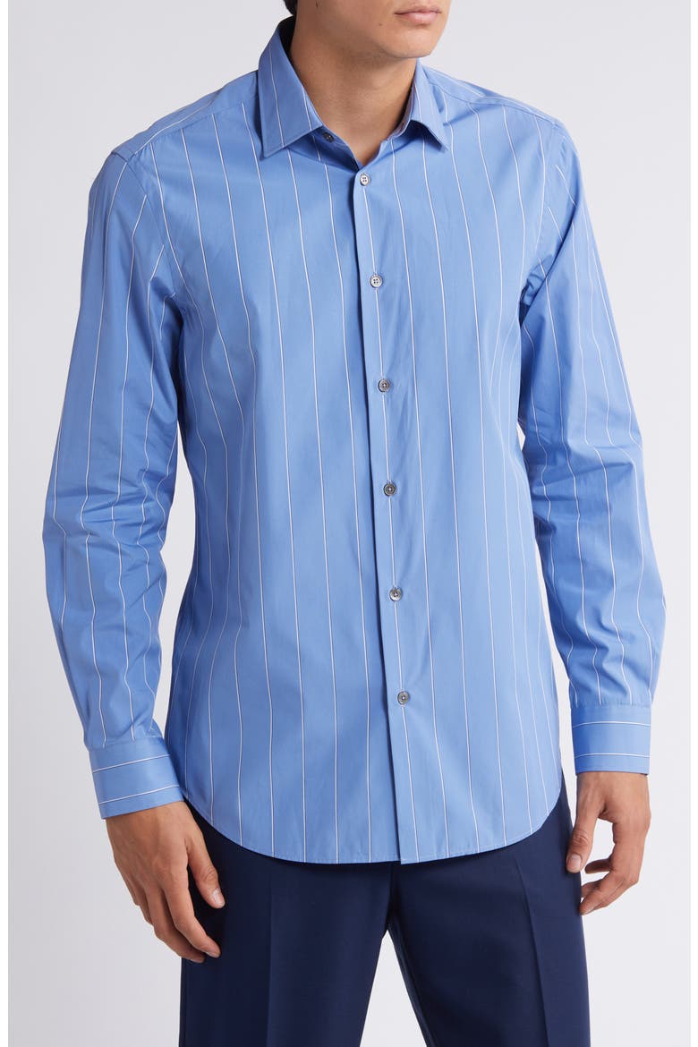 Tailored Fit Stripe Dress Shirt, Main, color, PETROL BLUE