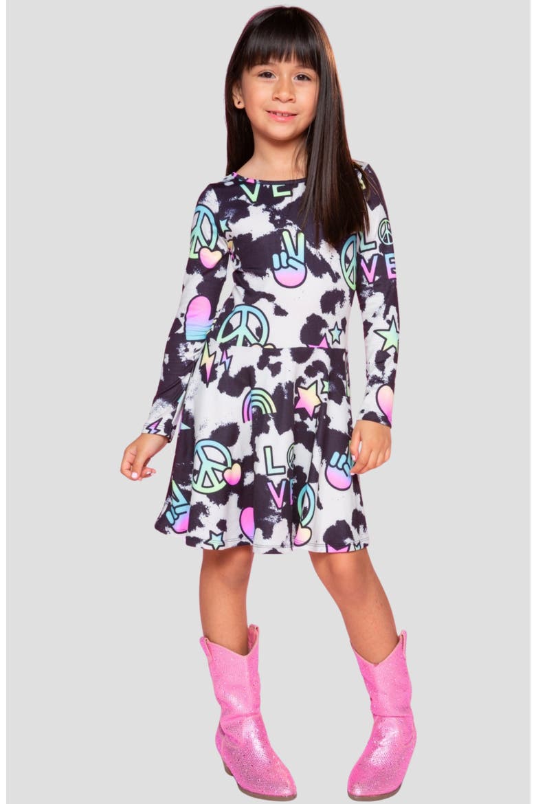 Kids' SimplySoft Long Sleeve Skater Dress, Alternate, color, BLK TIE DYE