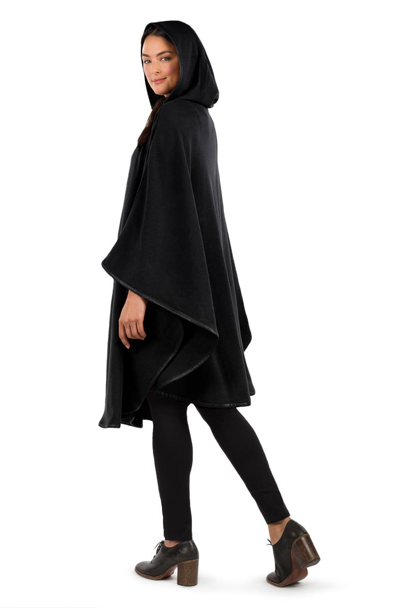 Patricia Nash Hooded Faux Leather Trim Cable Knit Cape, Alternate, color, Black