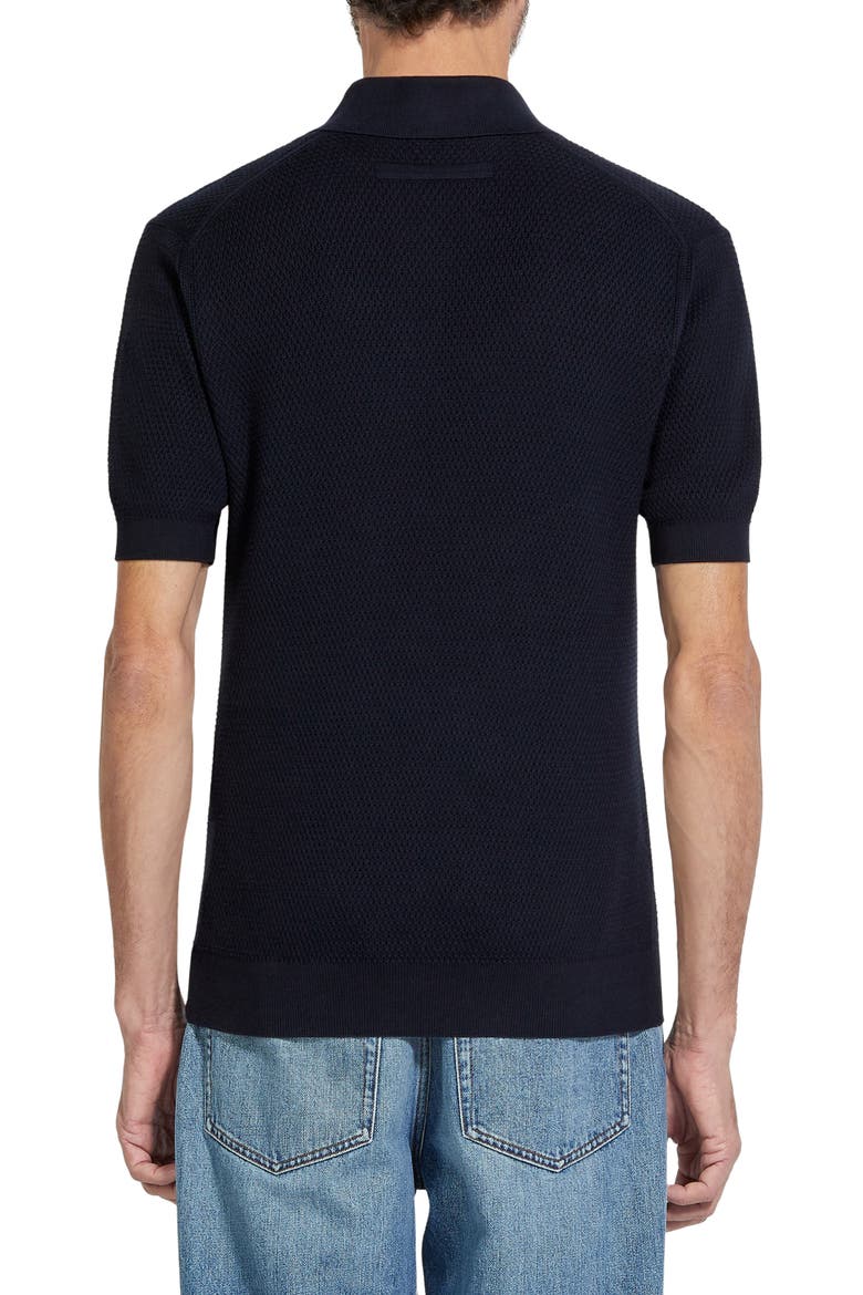 Waffle Knit Premium Cotton Polo Sweater, Alternate, color, NAVY SOLID