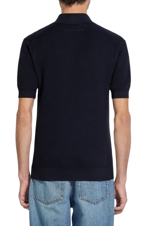 Shop Zegna Waffle Knit Premium Cotton Polo Sweater In Navy Solid