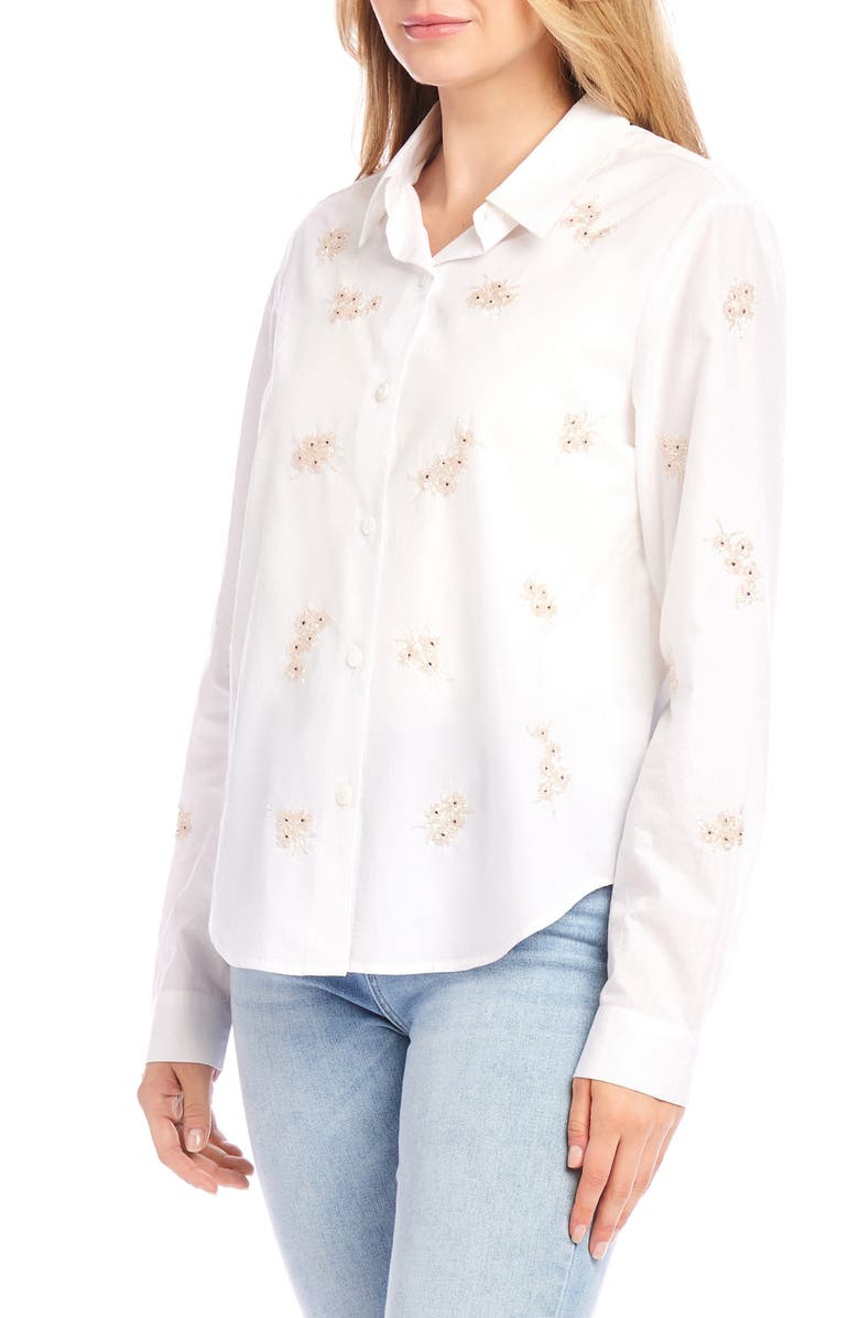 Karen Kane Floral Embellished Cotton Button-Up Shirt, Alternate, color,