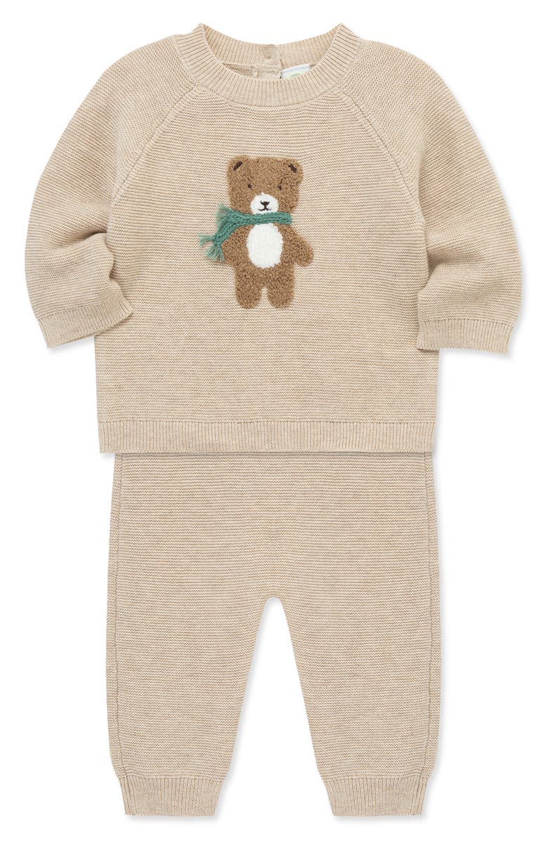 Little Me Bear Cotton Crewneck Sweater & Pants Set, Alternate, color, Tan