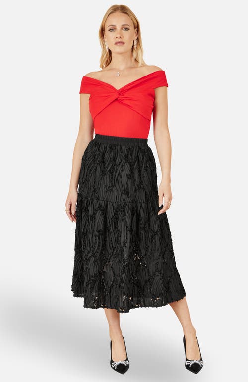 Yumi Mesh Applique Sequin Midi Skirt In Black