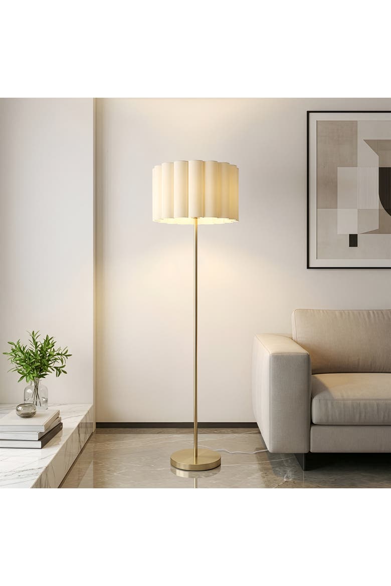 Estelle 65" Polished Brass LED Floor Lamp with Scalloped Ivory Cotton Drum Shade, Bulb Included, Alternate, color, Polished Brass