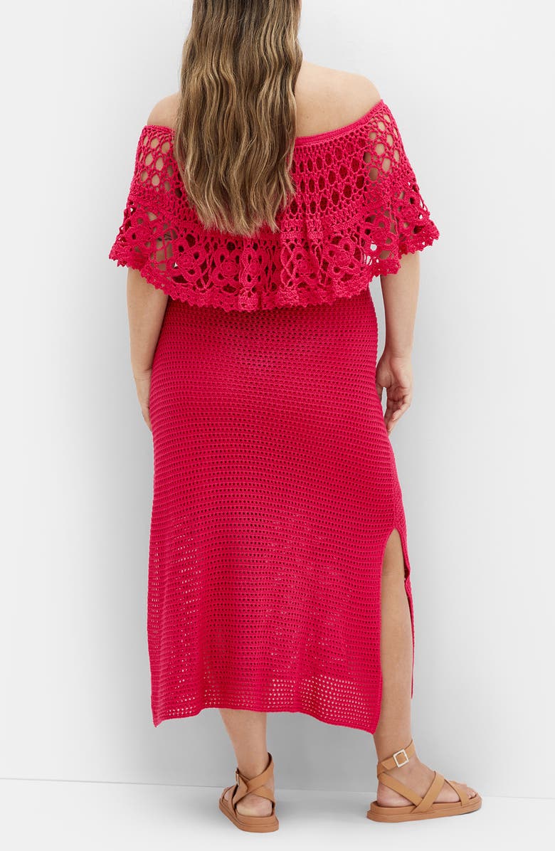 City Chic Callie Open Stitch Tie Waist Off the Shoulder Maxi Dress, Alternate, color, Raspberry