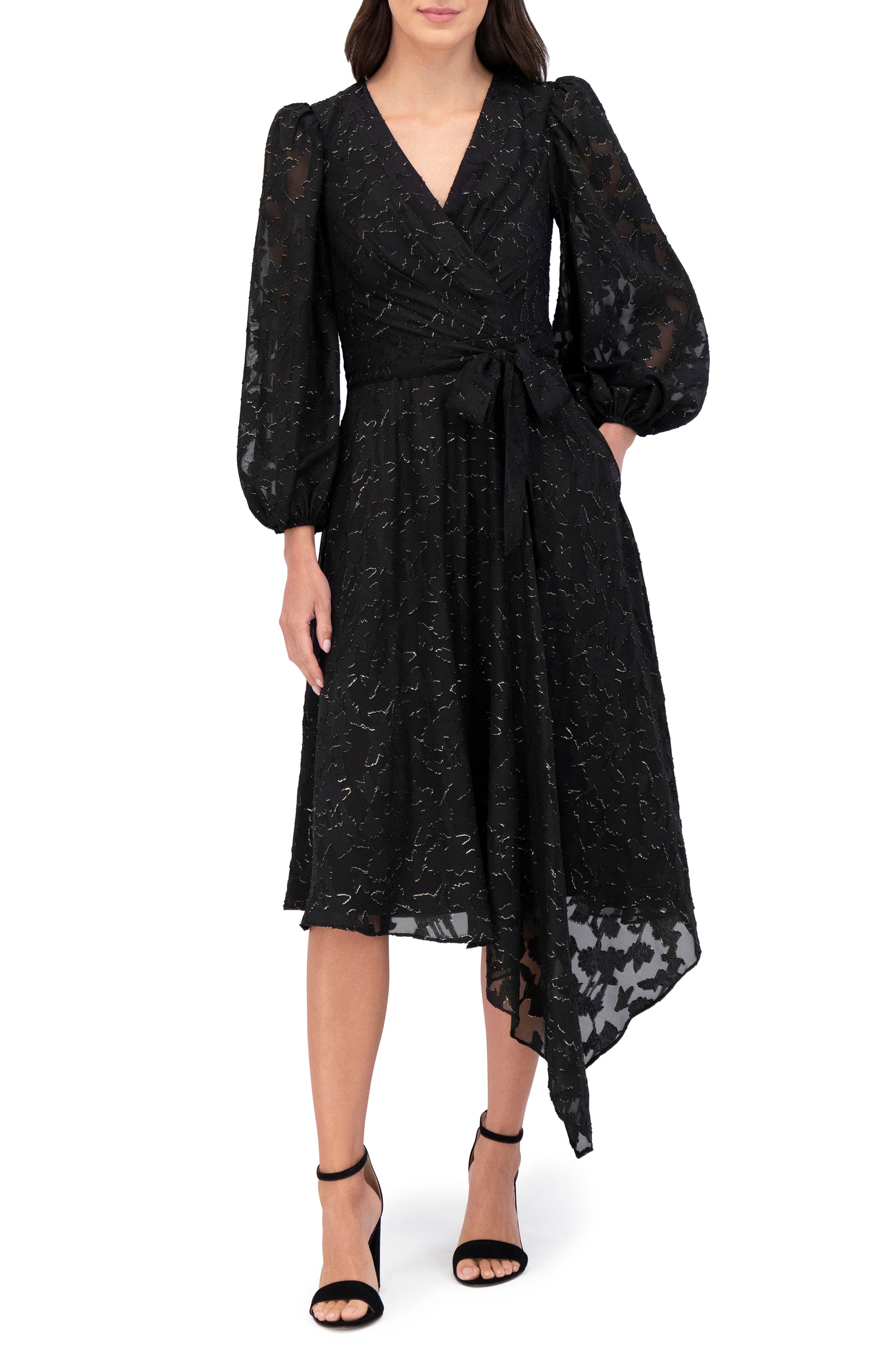 long sleeve chiffon faux wrap dress Breezy Tie-Neck Long Sleeve Chiffon Hi-Lo Dress pink S
