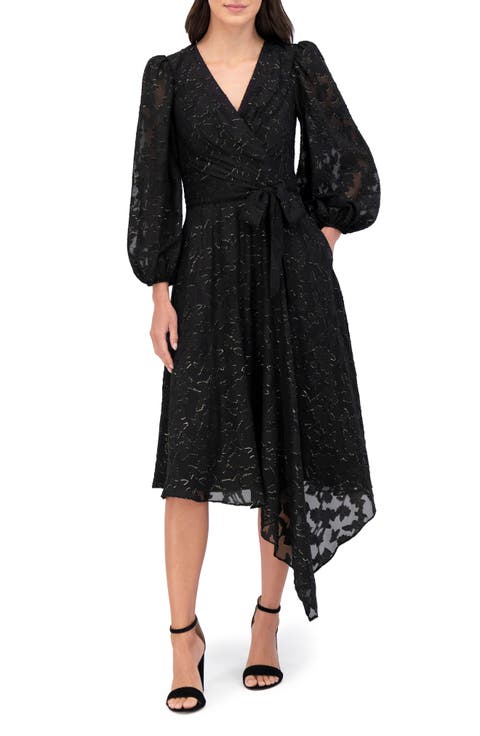 Long Sleeve Burnout Chiffon Faux Wrap Midi Dress