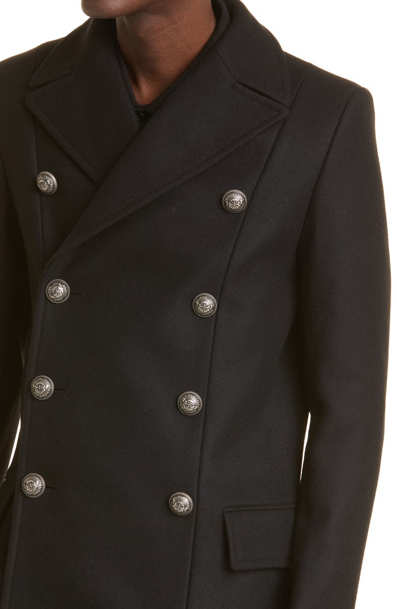 Balmain Double Breasted Wool Blend Peacoat, Alternate, color, 