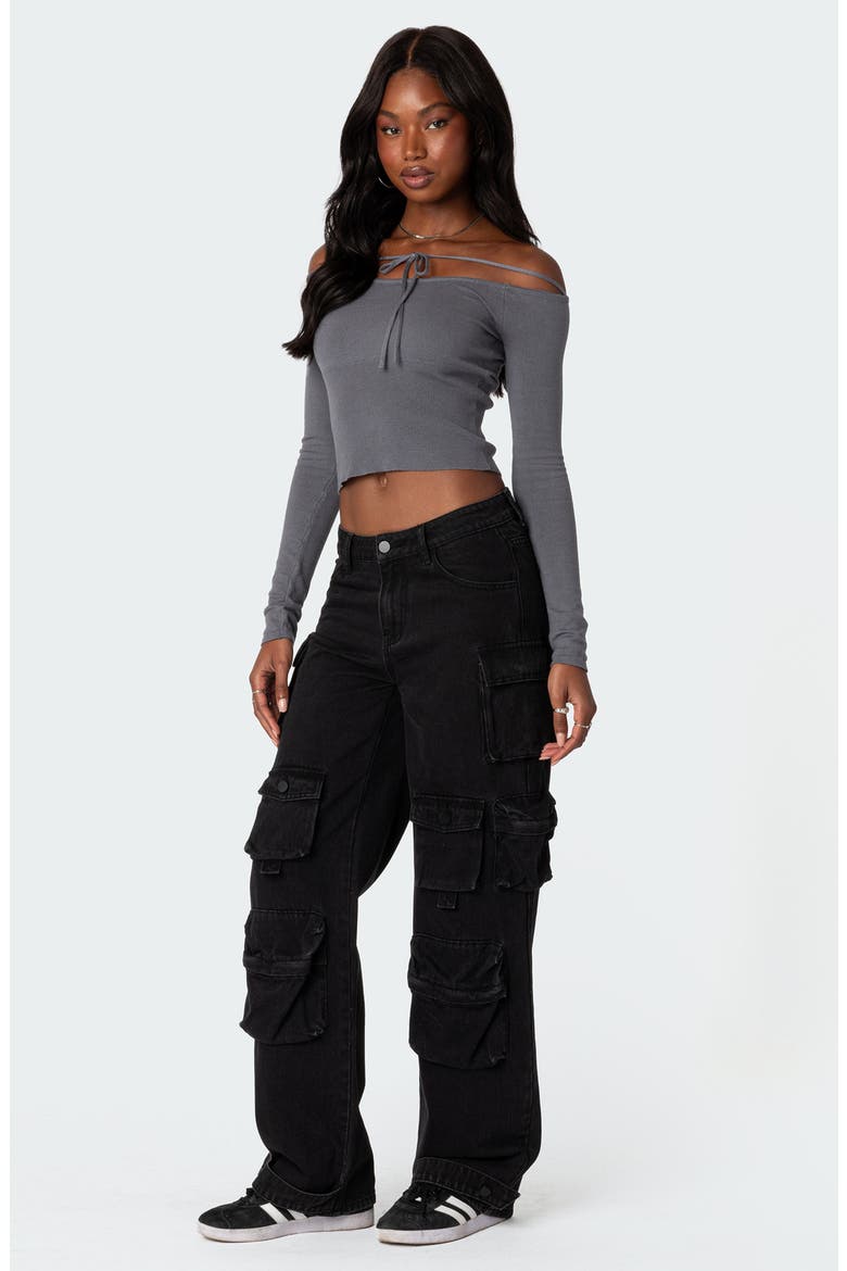 Jane Tie Front Off the Shoulder Long Sleeve Crop Top, Alternate, color, GRAY