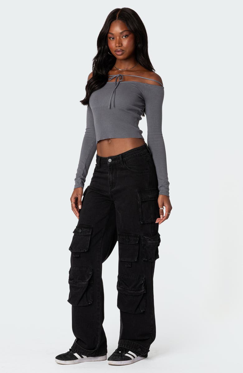 EDIKTED Jane Tie Front Off the Shoulder Long Sleeve Crop Top, Alternate, color, Gray