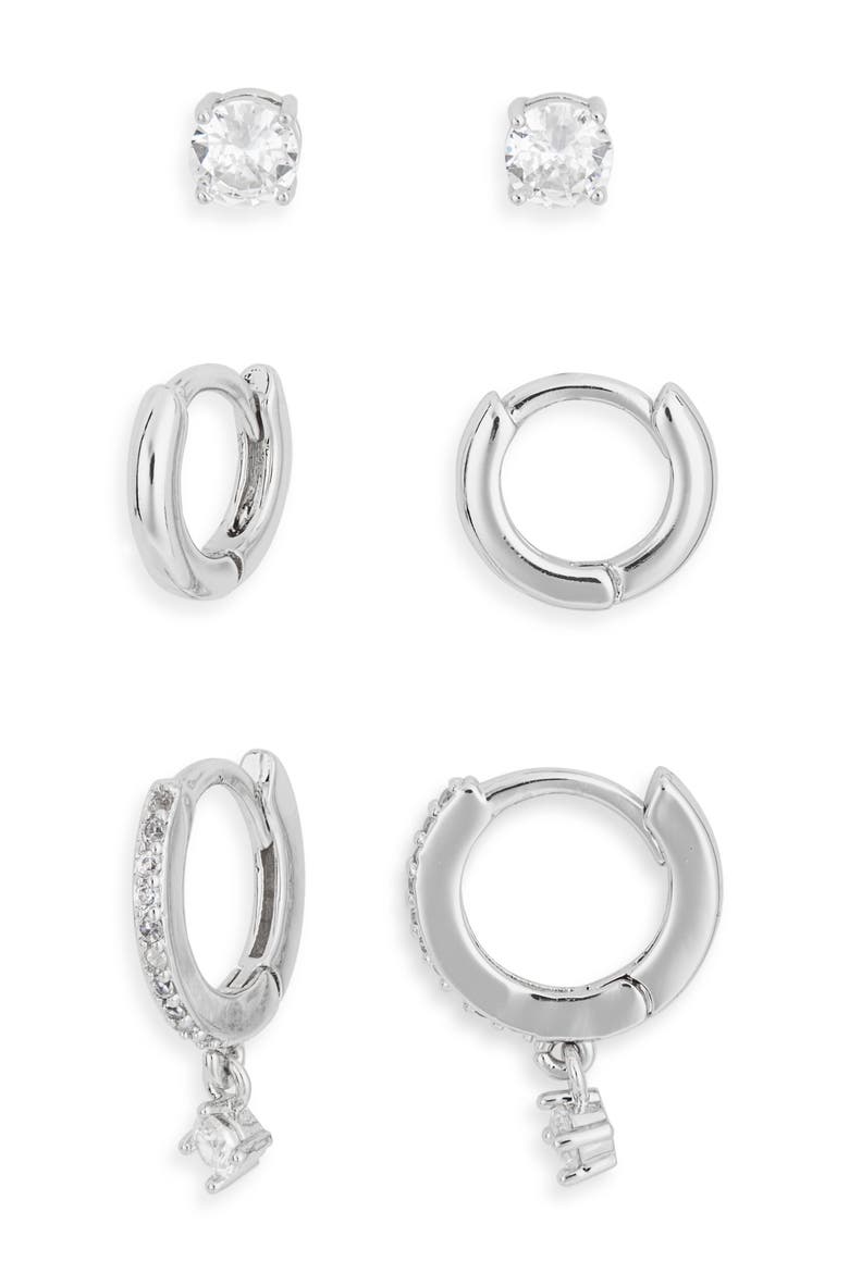 3-Pack Assorted Stud & Hoop Earrings Set, Main, color, CLEAR- SILVER
