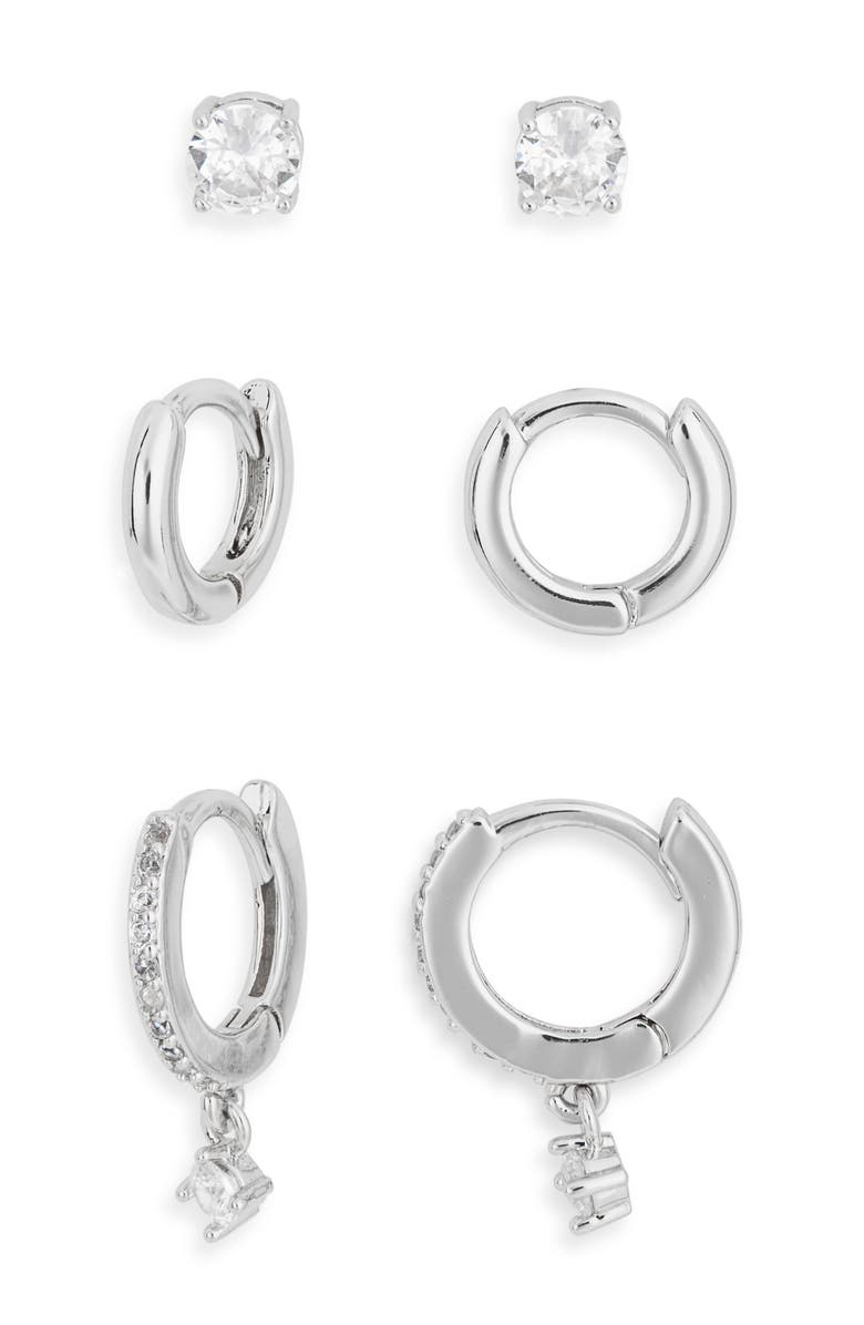 NORDSTROM RACK 3-Pack Assorted Stud & Hoop Earrings Set, Main, color, Clear- Silver