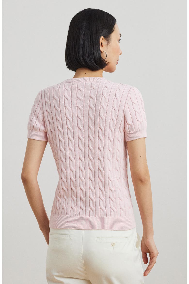 Cable Stitch Short Sleeve Cotton Sweater, Alternate, color, HINT OF PINK