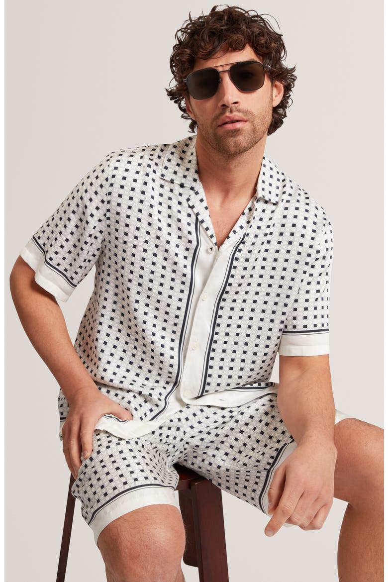 Ferran Geometric Print Cotton & Linen Camp Shirt, Alternate, color, ECRU