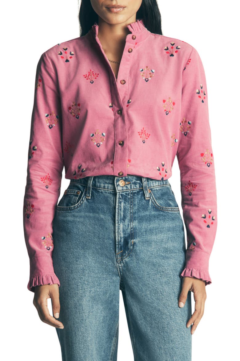 Sienna Embroidered Frill Corduroy Shirt, Main, color, HEATHER ROSE, FLORAL STAMP EMB