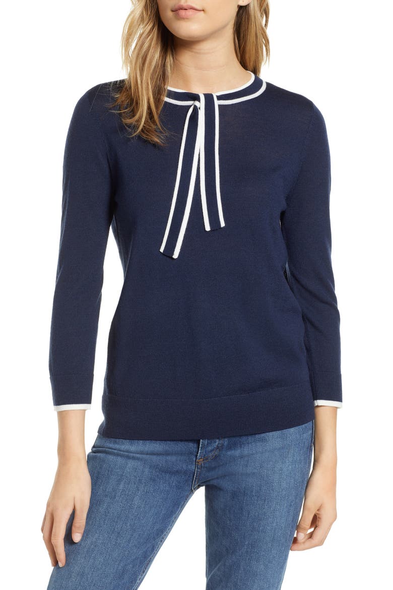 Tipped Tie Neck Wool Blend Sweater, Main, color, NAVY- IVORY