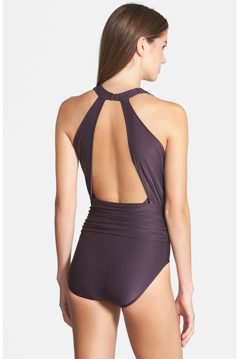 Badgley Mischka Dip Back Maillot Swimsuit, Alternate, color, DARK COCONUT