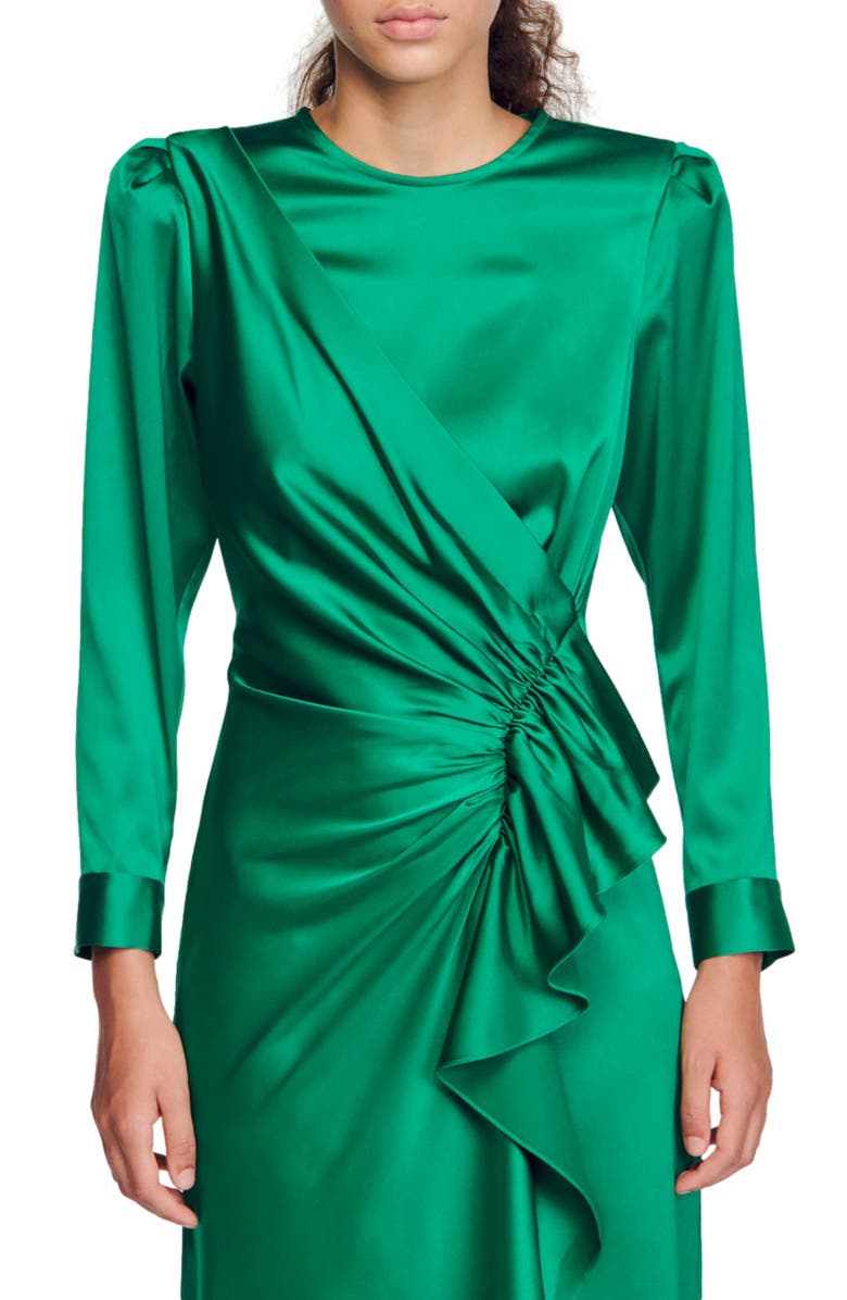 SANDRO Memphis Long Sleeve Satin Faux Wrap Dress, Alternate, color, 
