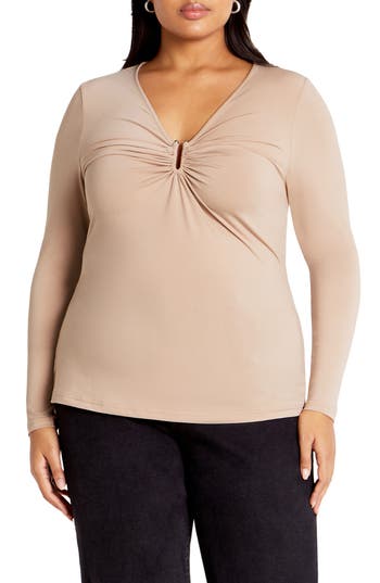 City Chic Izzy U-bar Jersey Top In Sand