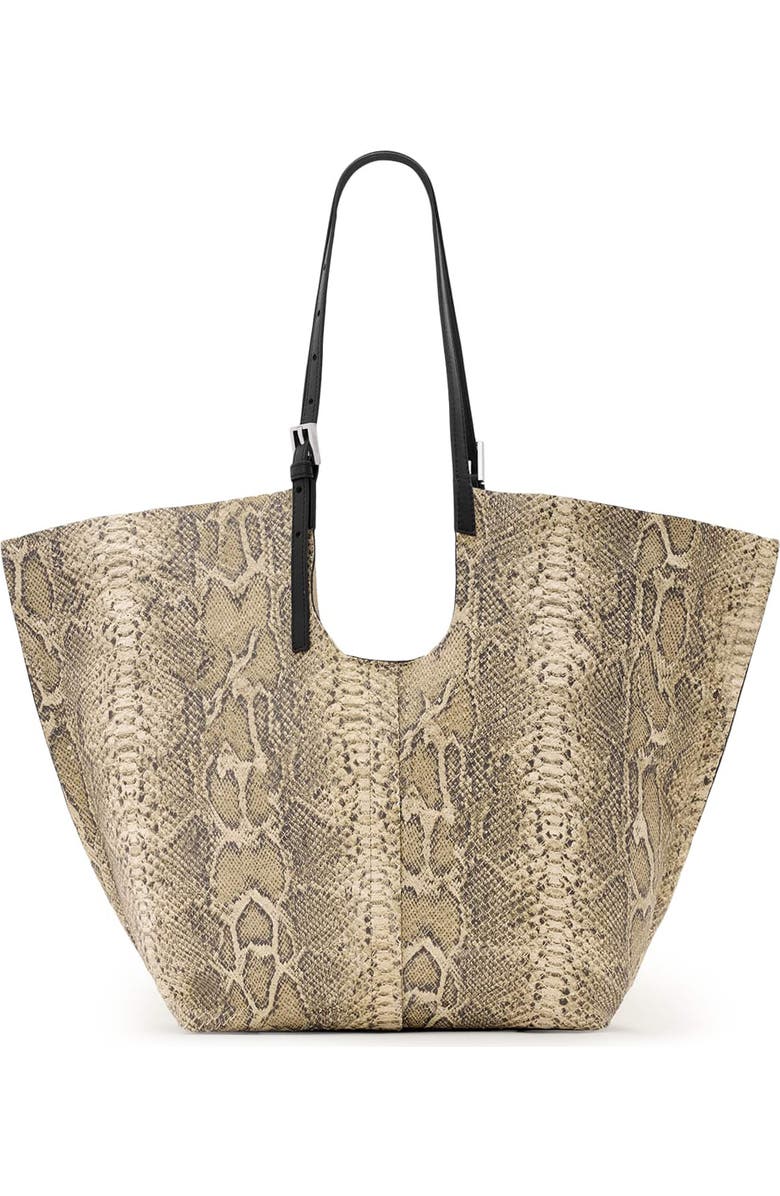 AllSaints Ara East/West Snakeskin Embossed Leather Tote, Main, color, Desert White