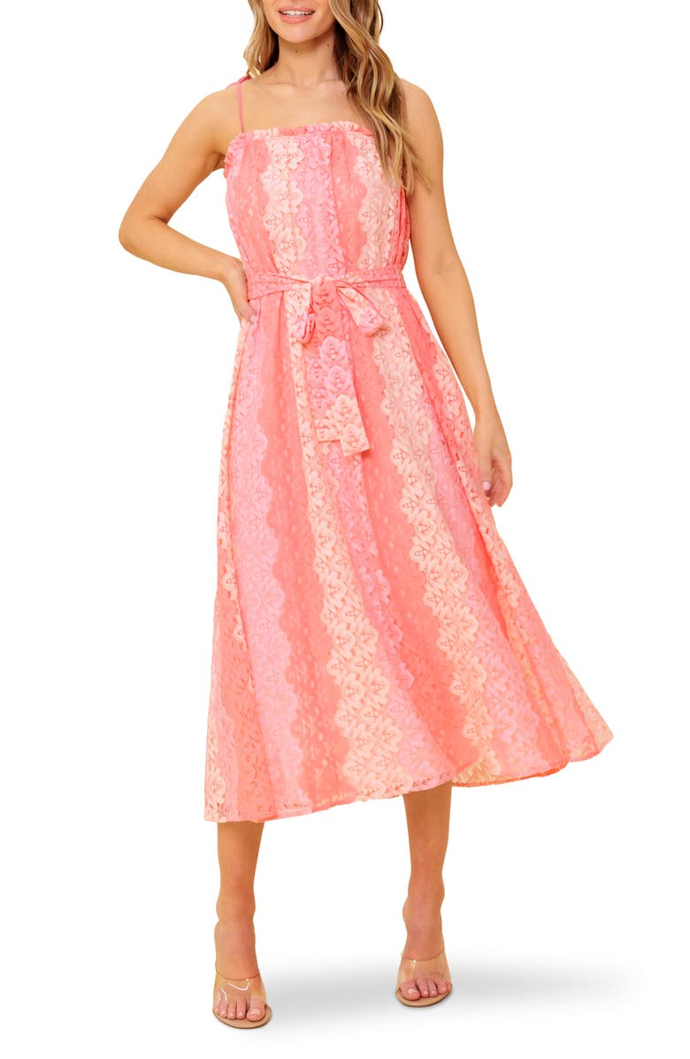 FLYING TOMATO Tie Waist Lace Midi Dress, Main, color, Peach