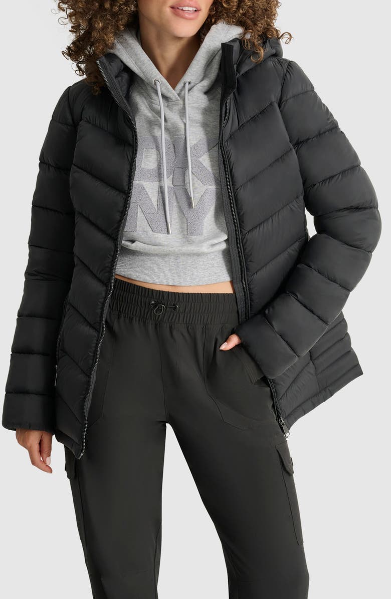 DKNY Cire Packable Hooded Puffer Jacket, Alternate, color, Black