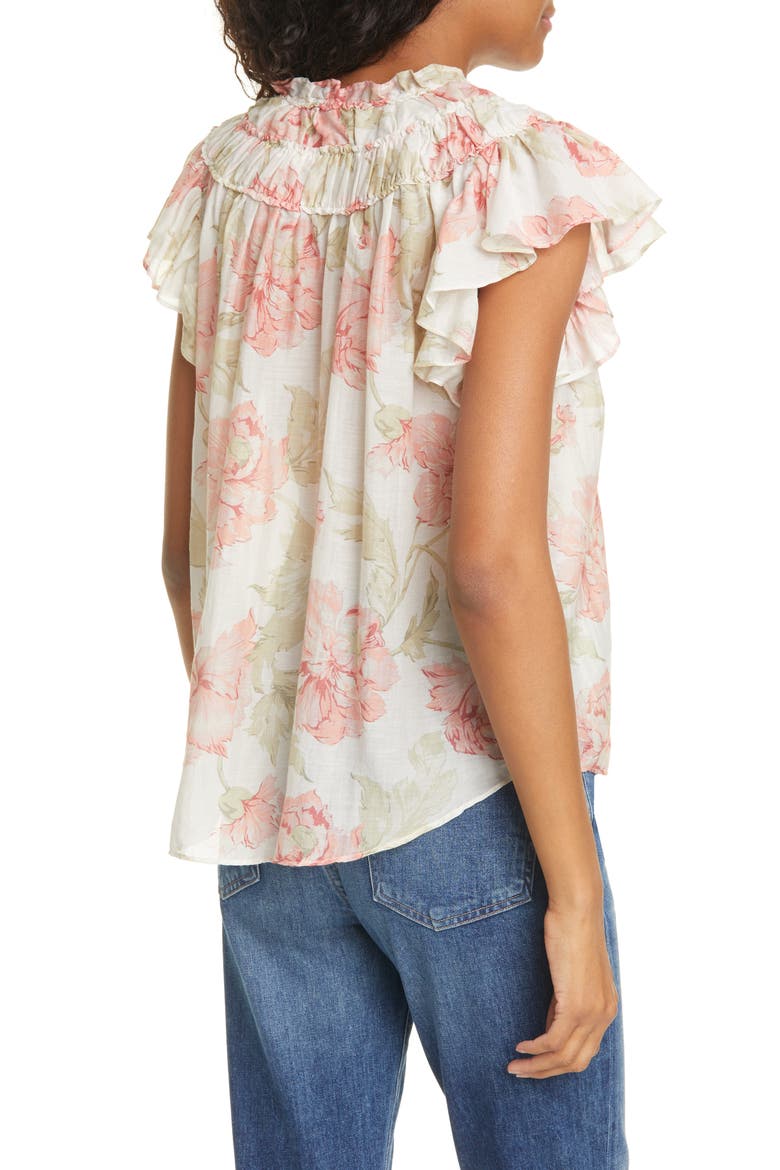 Peonies Floral Print Cotton & Silk Top, Alternate, color, CREAM COMBO