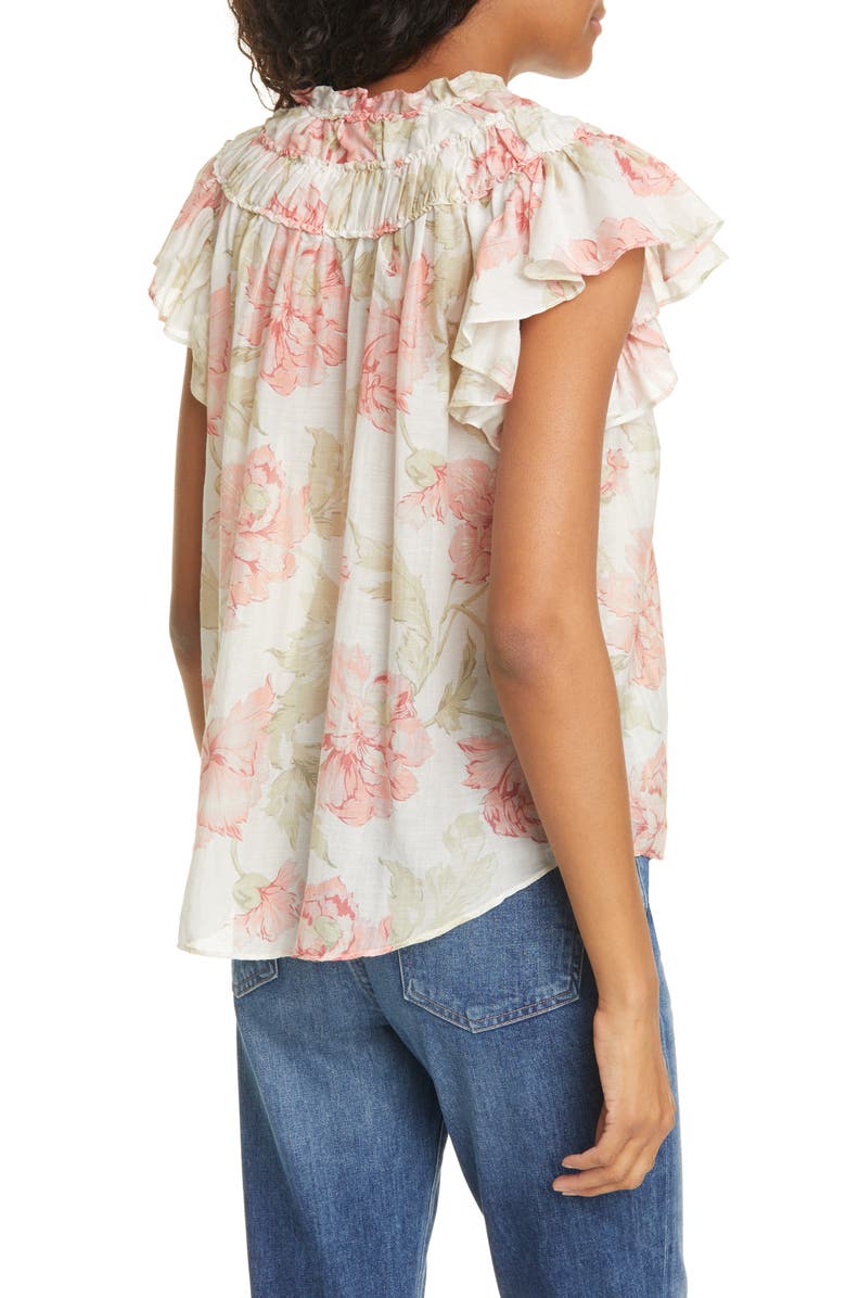 La Vie Rebecca Taylor Peonies Floral Print Cotton & Silk Top, Alternate, color, 