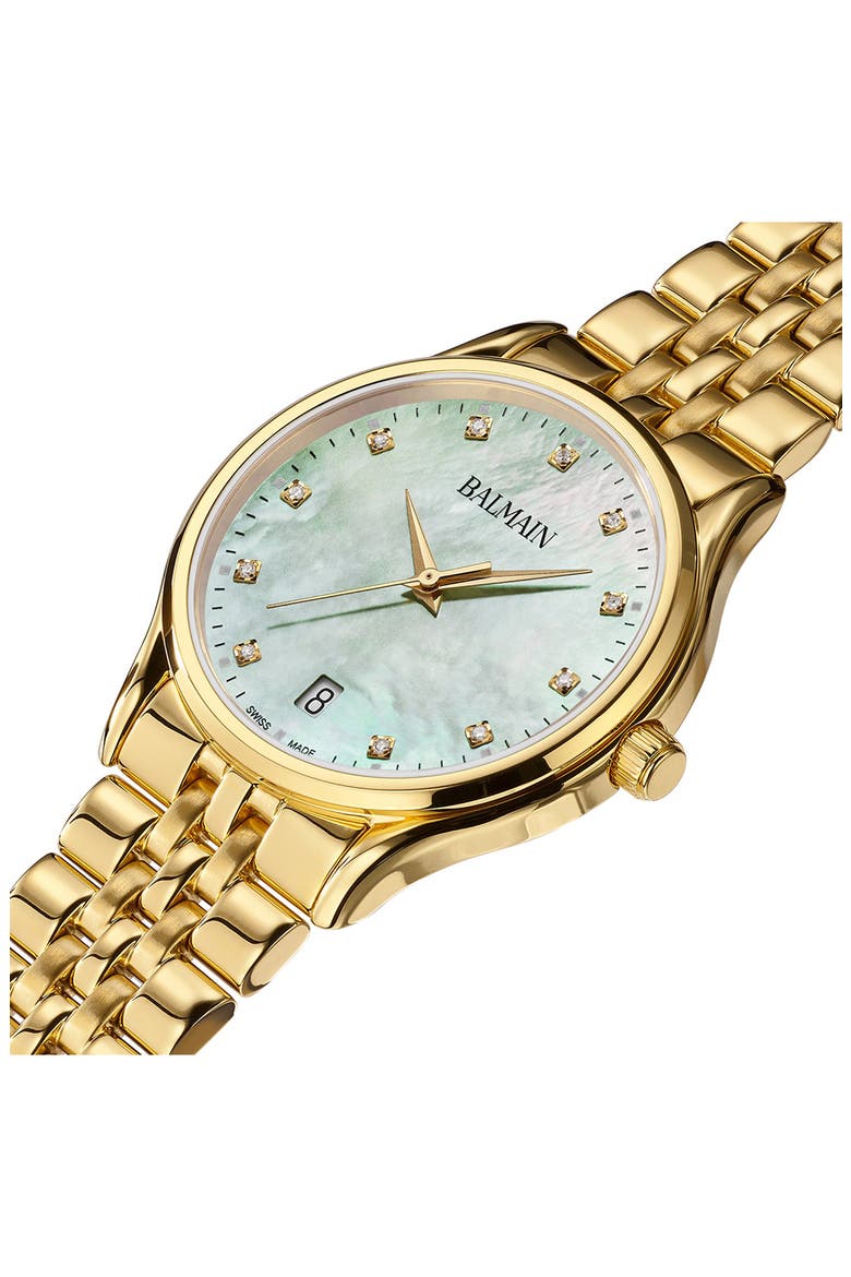 Beleganza Mother-of-Pearl & Diamond Bracelet Watch, 32mm, Alternate, color, YELLOW GOLD PVD COATING