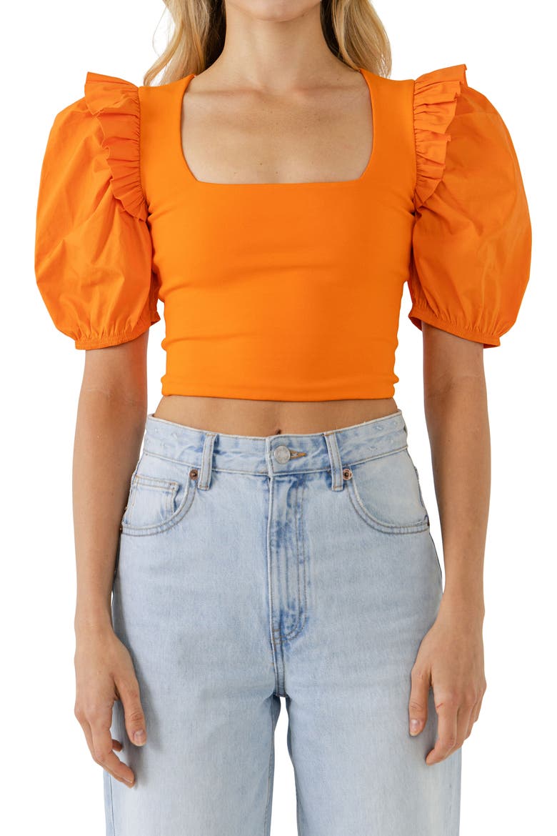 Mixed Media Puff Sleeve Crop Top, Alternate, color, ORANGE