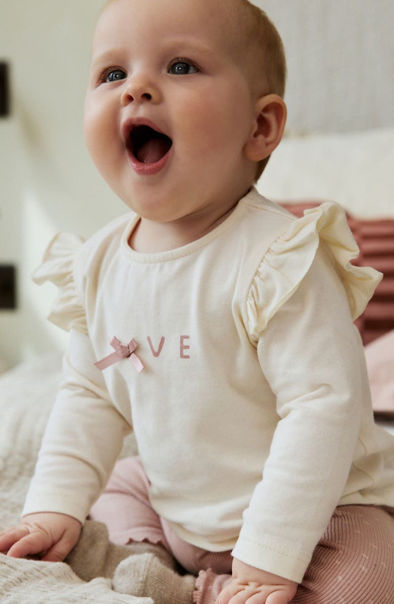 NEXT Ruffle Top, Faux Fur Vest & Bow Leggings Set, Alternate, color, Pink