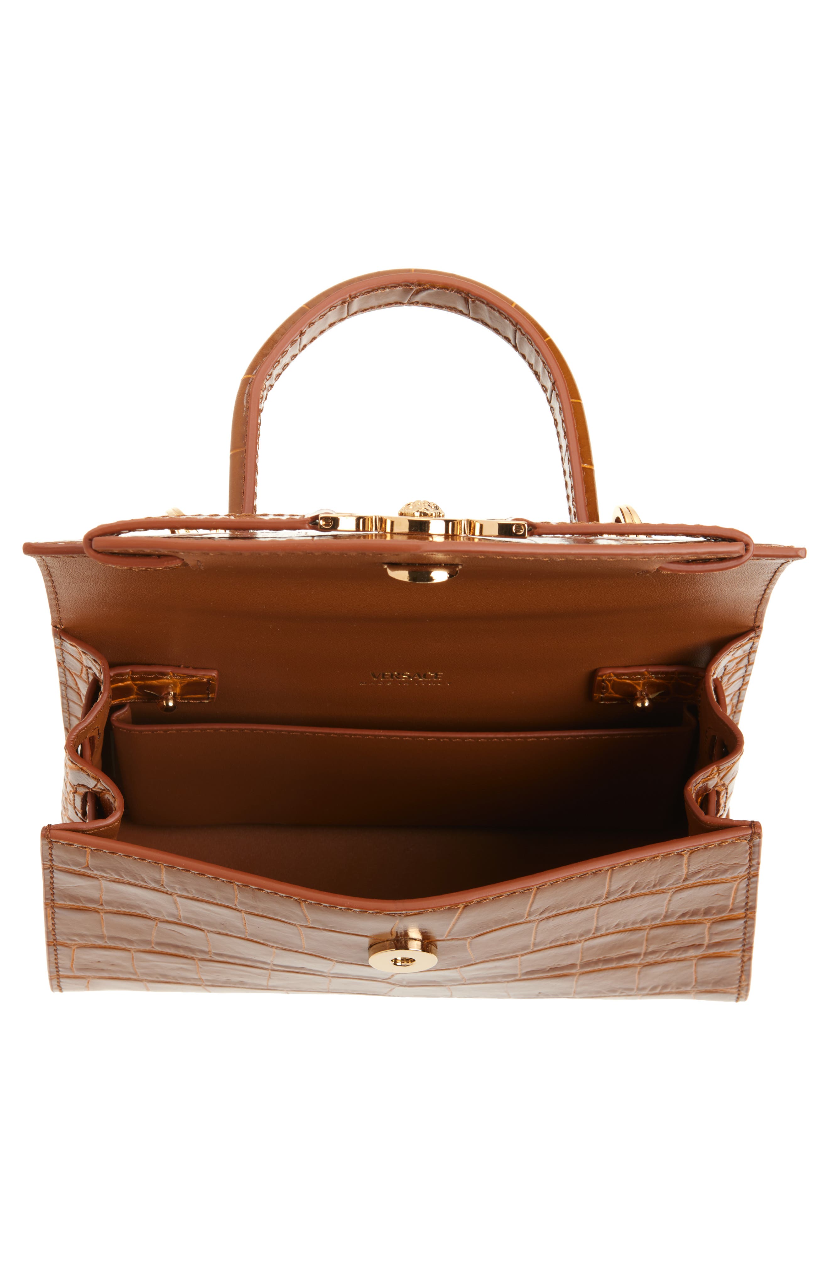 Versace Small Medusa '95 Croc Embossed Leather Top Handle Bag, Alternate, color, Light Brown Gold