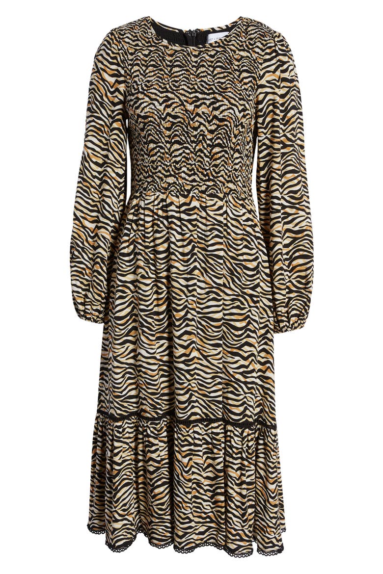 Vineyards in the Valley Zebra Print Shirred Long Sleeve Midi Dress, Alternate, color, BLACK GOLD ZEBRA