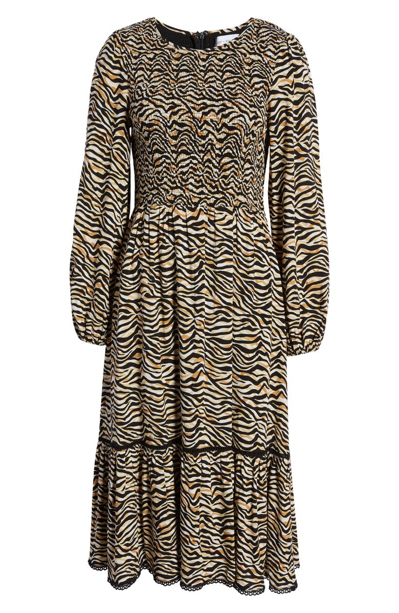 Lost + Wander Vineyards in the Valley Zebra Print Shirred Long Sleeve Midi Dress, Alternate, color, 