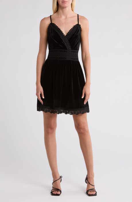 WISHLIST Lace Trim Velvet Fit & Flare Dress