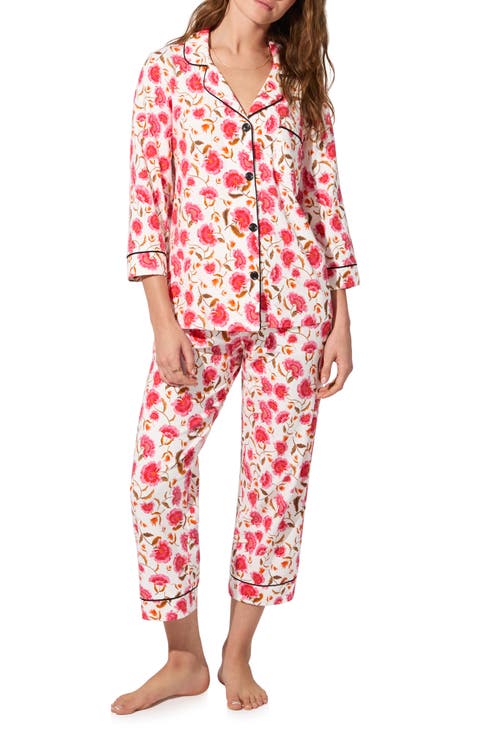 Print Long Sleeve Stretch Organic Cotton Jersey Crop Pajamas (Regular & Plus)