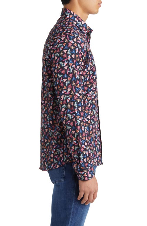Stone Rose Moth Print Button-up Shirt In Navy