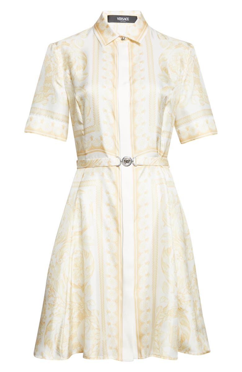 Versace Barocco Foulard Belted Silk Dress, Alternate, color, Washed Out Gold