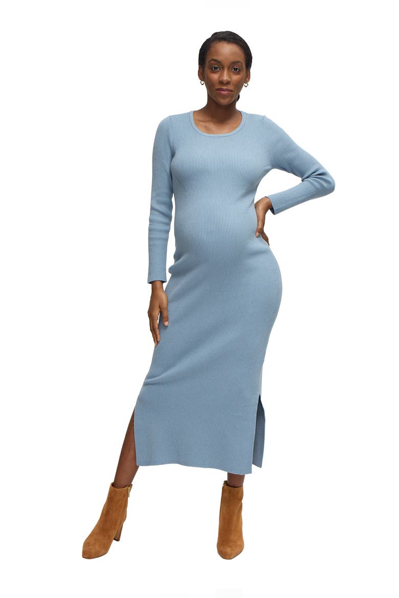 The Long Sleeve Ribbed Sweater Midi Maternity Dress, Main, color, Blue Gray