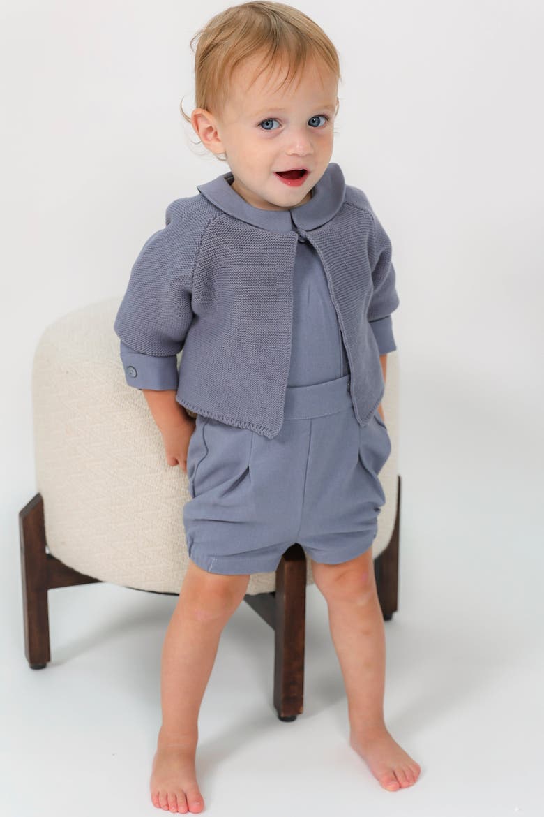 3 Piece Set, Collared Long Sleeve Shirt, Shorts and Knit Cardigan, Alternate, color, Blue
