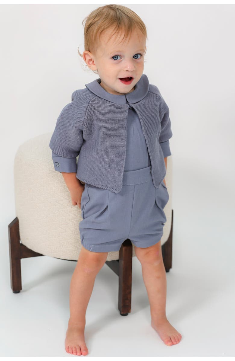 Space Grey 3 Piece Set, Collared Long Sleeve Shirt, Shorts and Knit Cardigan, Alternate, color, Blue